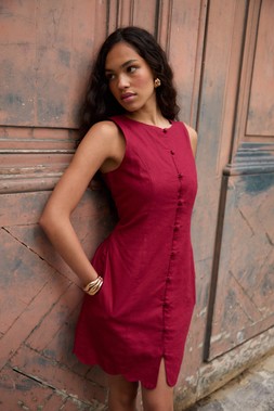 Red Linen Blend Pinafore Dress